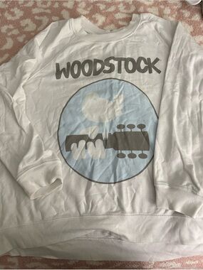 aerie White Woodstock Graphic Sweatshirt with Light Blue & Gray Print